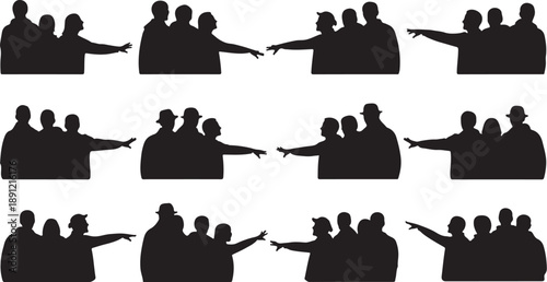 Silhouettes of people pointing and interacting in groups together