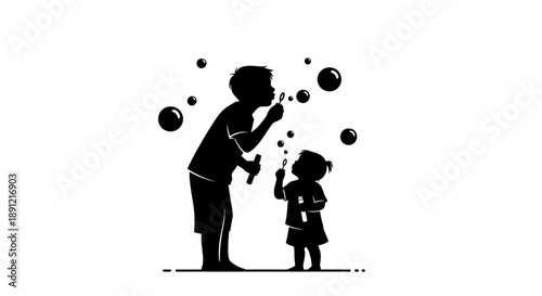 Father and daughter blowing bubbles together happily outdoors.