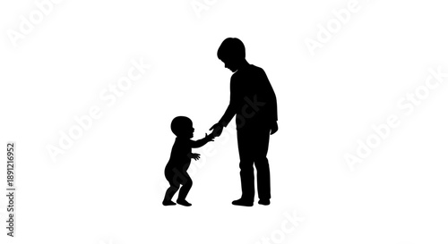 Silhouette of adult holding child's hand against white background.