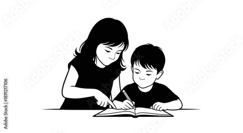 Illustration of a girl helping a boy with his homework, focusing on education and learning.