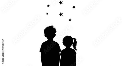 Silhouette of a boy and girl looking at the stars in the night sky.