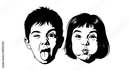 Cartoon illustration of two children making funny faces at the camera.