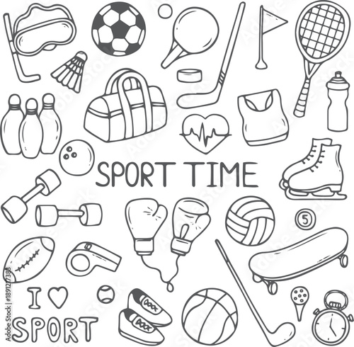 Set of hand drawn sports and fitness doodle