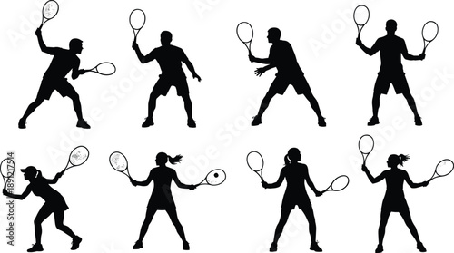 Set of tennis player silhouettes in black showing forehand and backhand swings for sports illustration, training graphics, and vector design use