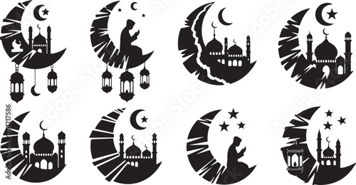 Ramadan Kareem Islamic Silhouette Icons Set for Holy Month