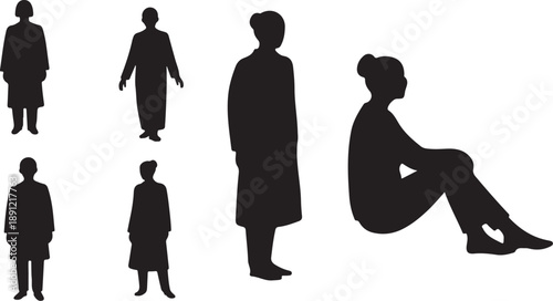 Silhouettes of people in various poses and outfits standing