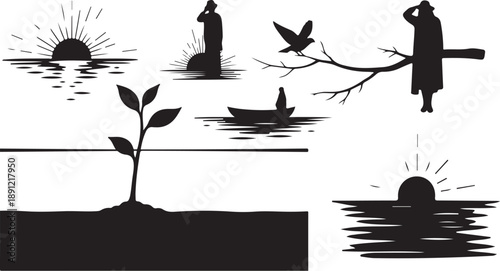 Silhouette of people and nature in harmony with water