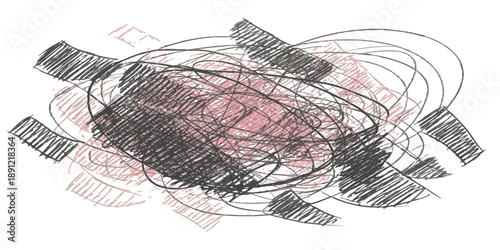 A chaotic and layered abstract drawing featuring hatched rectangles and energetic scribbles