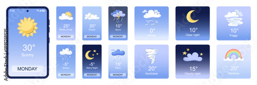 Mobile weather app interface design. Elements for weather forecast mobile app. Realistic phone. Temperature, weather condition user interface generator. Vector illustration.
