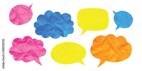 Colorful speech and thought bubbles with a crumpled paper texture on white background