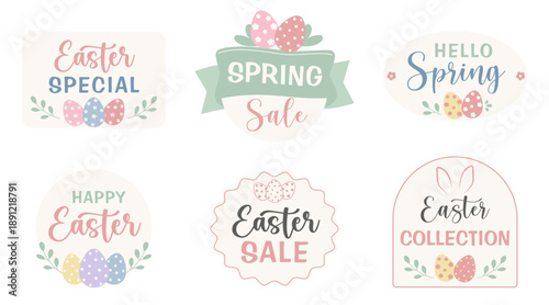 Pastel Easter Sale and Spring Collection Badges Set with Decorative Painted Eggs, Floral Leaves, and Bunny Ears; Elegant Vector Labels for Holiday Marketing Promotions and Seasonal Retail Discounts