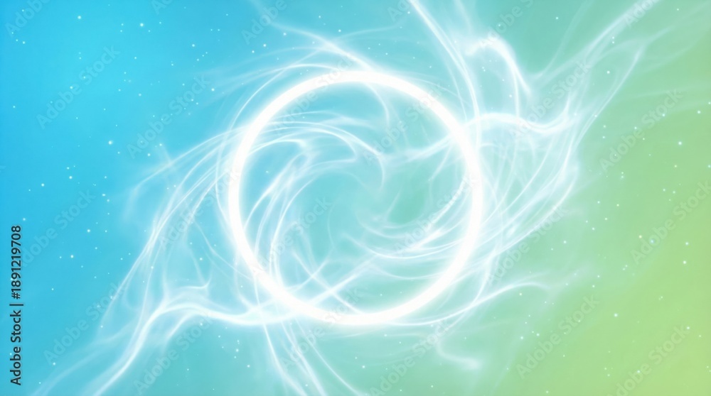 Fototapeta premium 青と緑のグラデーション背景に輝く白い光の渦と円形