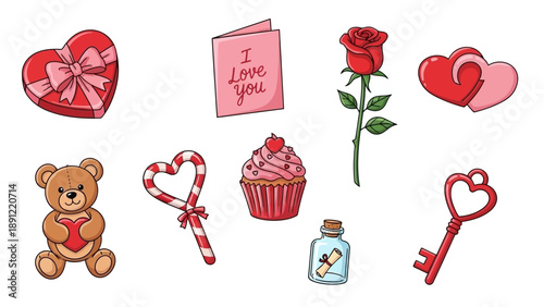 Collection of cartoon-style love-themed elements including hearts, rose, cupcake, teddy bear, and key arranged on a plain background from a direct viewpoint