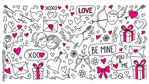 Valentine's Day illustration with hearts, couples, and gifts in a festive atmosphere from a straightforward viewpoint