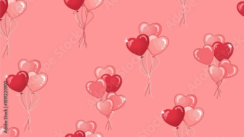 Heart-shaped balloons floating in the air on a pink background, viewed from directly above, creating a festive atmosphere.
