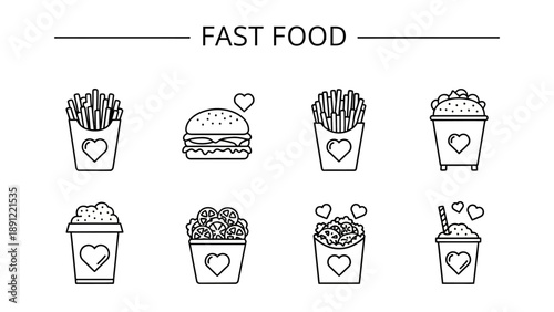 Assorted fast food items including fries burgers and snacks with hearts illustrated in a minimalist style on a clean background