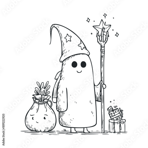 A charming wizard character, resembling a ghost in a pointy hat holding a star staff, surrounded by a magical plant sack and gift boxes, perfect for mystical event invitations or festive