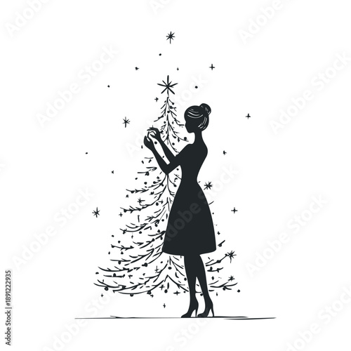 A graceful woman in silhouette delicately adorns a festive Christmas tree with ornaments, evoking a joyful holiday spirit, perfect for seasonal greetings, winter celebrations, and cozy home