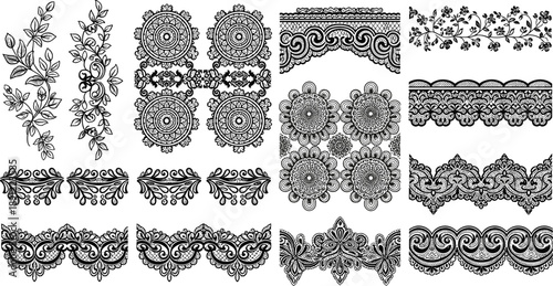 Black and white lace border ornaments set, decorative floral filigree patterns, vintage embroidery frames, victorian scrollwork elements, mandalas, cad drawing flat vector illustration