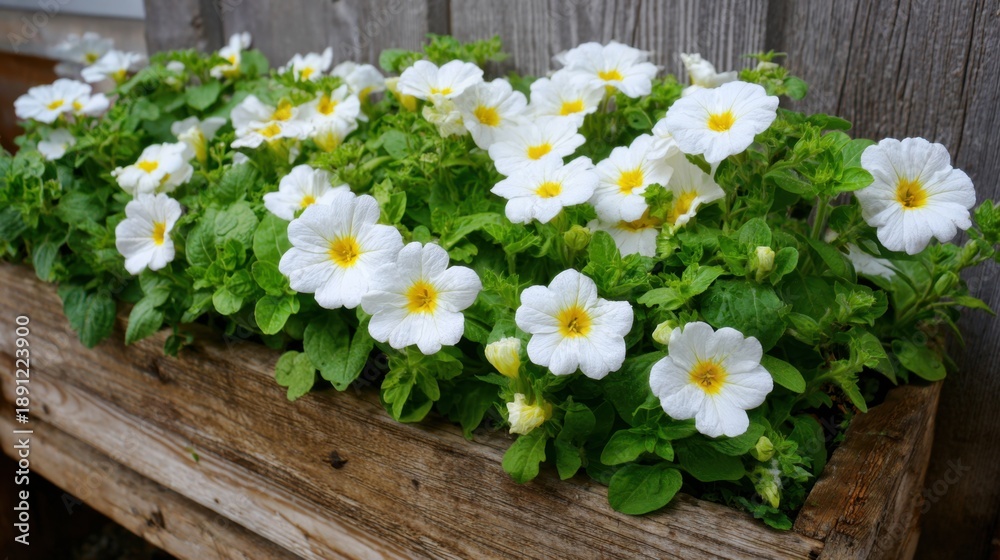 Fototapeta premium White flowers with yellow centers flourish in a wooden planter. This vibrant display of nature brings color and joy to a garden area on a sunny day.