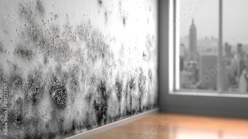 Mold Infested Interior Wall With Cityscape View Through Window Showing Black Mold Growth Due To Moisture Damage And Neglect