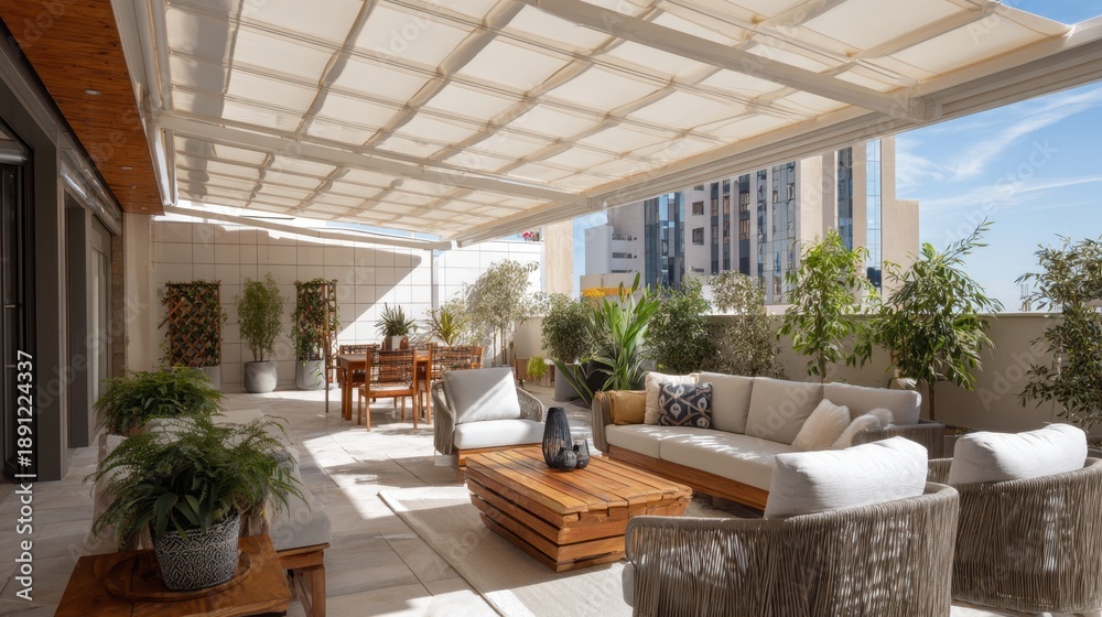 Naklejka premium This bright terrace features comfortable seating and a dining area, surrounded by greenery and high-rise buildings. The roof offers shade, creating a welcoming outdoor space.