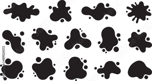 A collection of isolated black abstract blobs and irregular spots. These vector graphic elements are perfect for creating cow print patterns or modern designs.
