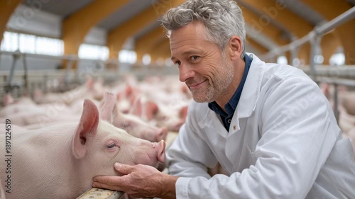 Experience the warmth of an experienced veterinarian as he interacts with playful piglets in a vibrant barn. His passion for animal welfare shines through on this delightful day