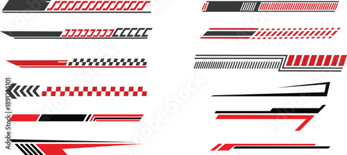 Racing Stripe Decals Set. Sports Car Vinyl Graphics and Speed Vector Stickers, Black and Red Geometric Side Body Livery for Automotive Styling