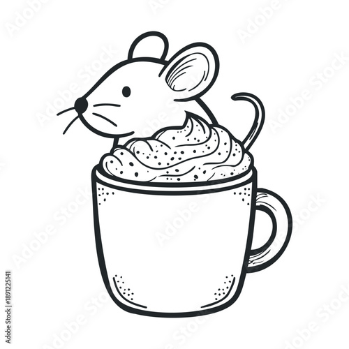 Playful mouse peeking out from a warm mug of whipped cream with sprinkles, perfect for cozy winter holiday greeting cards, festive season designs, and childrens content.