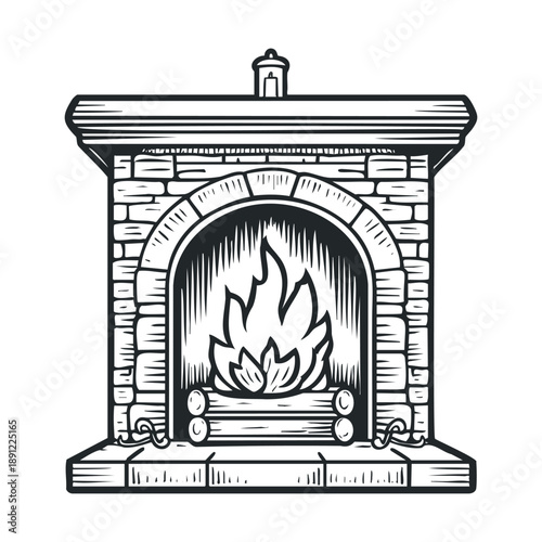 Classic fireplace with burning logs and traditional brick mantel design creates a cozy ambiance perfect for home decor, seasonal greetings, and architectural design elements.