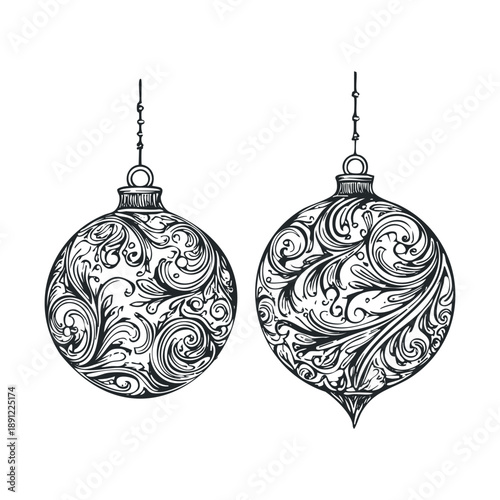 Elegant hand drawn Christmas ornaments featuring intricate swirling baroque style floral patterns perfect for holiday greeting cards festive invitations and winter season decorations