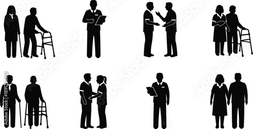 Collection of eight black silhouettes showing healthcare professionals assisting elderly patients with walkers, consultations, and supportive caregiving interactions illustration design