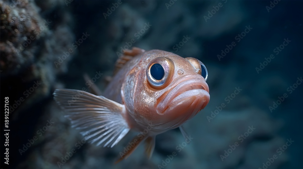 Fototapeta premium Close up portrait of a curious orange fish with large blue eyes swimming in the dark depths of the ocean