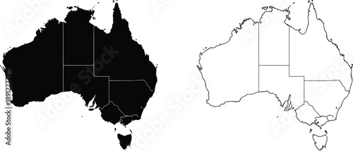 Australia map icons set with black silhouette and thin outline variations for geographic travel navigation vector illustration, And