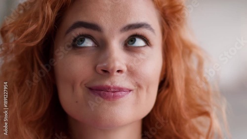 Close up pensive Caucasian woman indoors home female thinking thoughtful dream pondering idea solution decision making hesitant puzzled happy relaxed young girl contemplating looking answer apartment