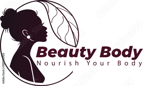 Beauty body logo with female silhouette and leaf, nourish your body text