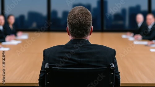 World Day of Social Justice. A professional businessman in a wheelchair leading a boardroom meeting with a diverse corporate team, glass office, city skyline background, leadership