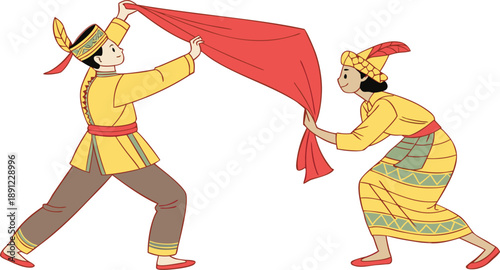 Couple in traditional malay attire performing cultural dance with red fabric