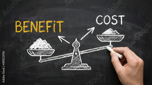 Hand drawing a balance scale illustrating the concept of benefit outweighing cost on a dark chalkboard surface an educational and strategic business i