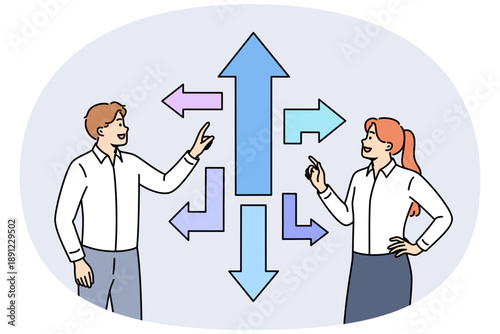 Business team looking for strategic path and solution to achieve success standing near different arrows. Man and woman choose one of options to achieve strategic goals of corporation