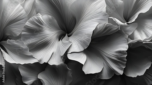Elegant grayscale macro photograph showcasing intricate petal textures and dramatic shadows within blooming flower formations