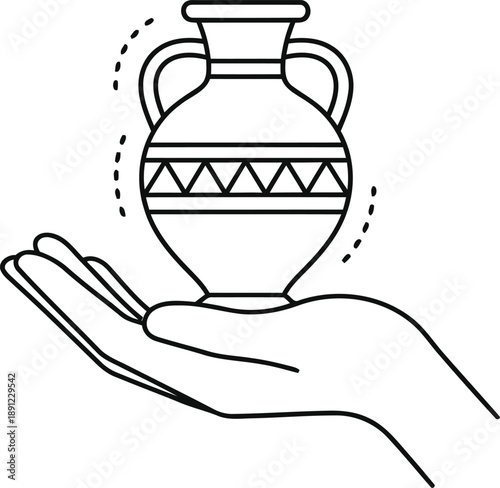 An outstretched hand delicately presents a beautiful old pottery jar featuring a cultural pattern
