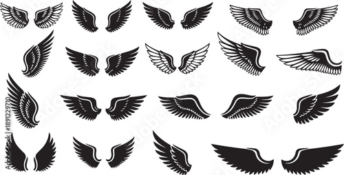 black wings badge set. Bird wings, angel wings elements. Aviation pilot patch badge. Heraldic vintage army insignia emblem falcon phoenix hawk.