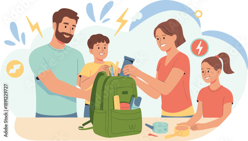 Happy family with father mother and children packing a green backpack together with outdoor gear and supplies for camping trip or mountain hiking adventure