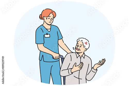 Angry patient in wheelchair swears at nurse, expressing dissatisfaction with healthcare system and high cost of insurance. Woman doctor takes elderly man out of clinic due to lack of health insurance.