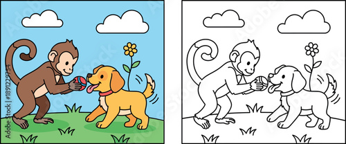 Cute cartoon monkey playing with a happy puppy dog. Brown primate holding a ball for a golden retriever friend in nature. Vector illustration for kids.