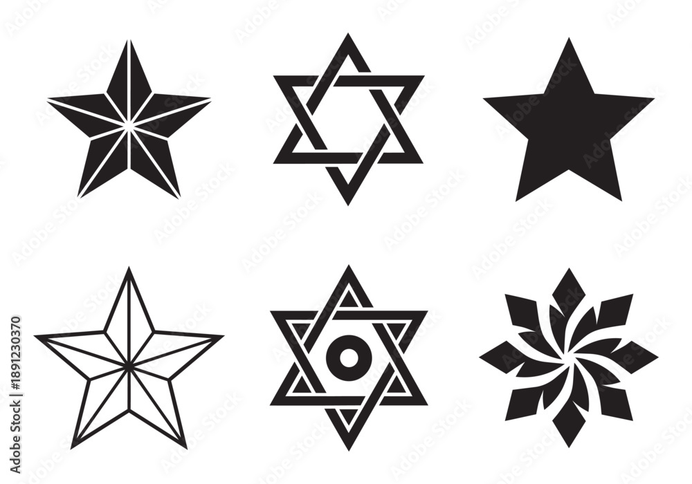 Fototapeta premium Set of black geometric star and abstract symbol icons on white background