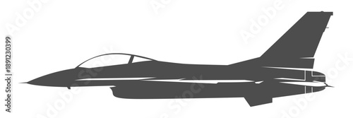 Silhouette F-16 military aircraft design from side view. Minimalist vector illustrations f16 fighter jet in black and white color from lateral. Monochrome drawing united states modern combat aeroplane