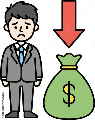A worried businessman observes a declining money bag with a red arrow symbolizing financial loss